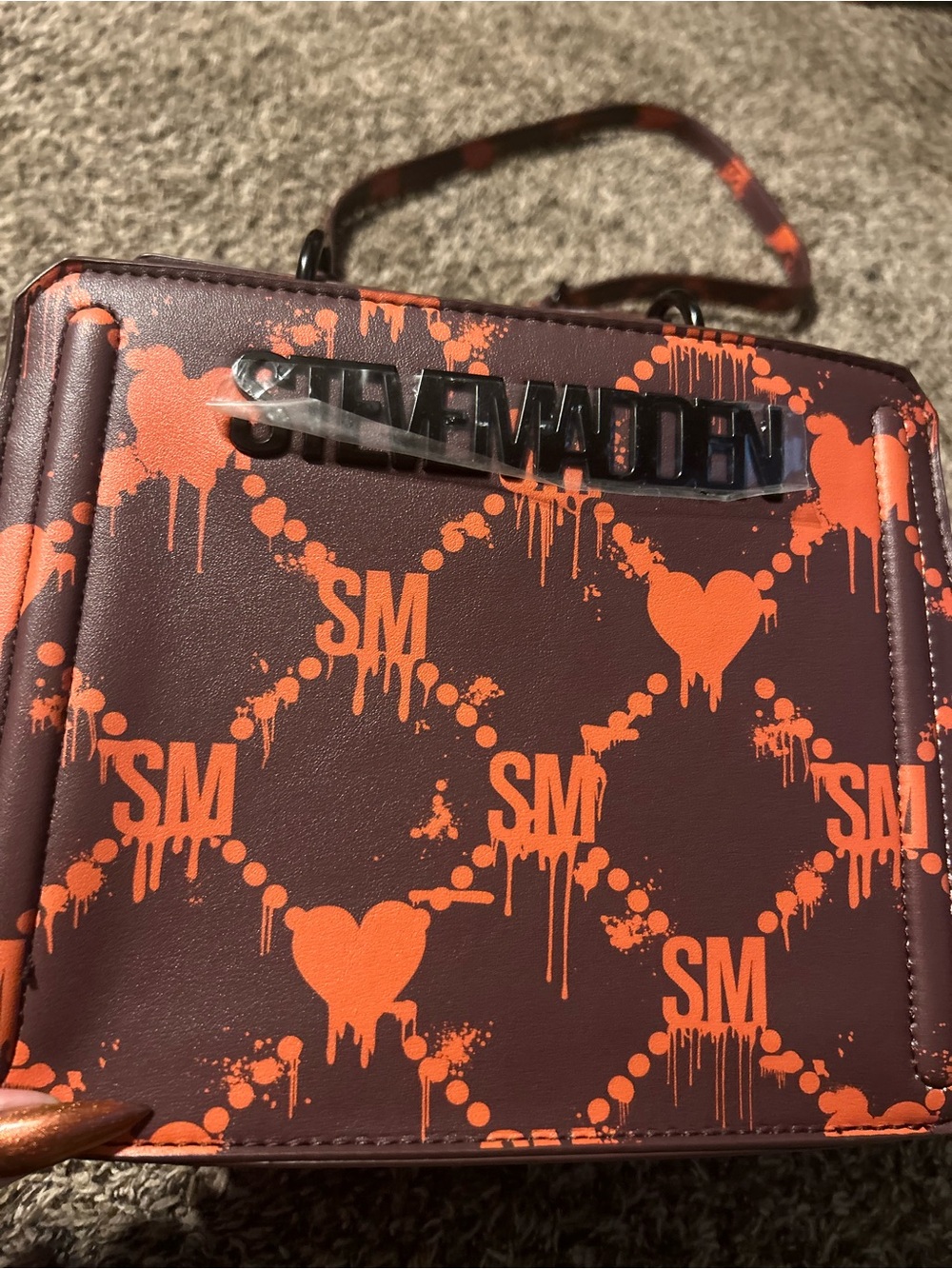 Steve Madden Burgundy Crossbody with Bold Orange Heart Print